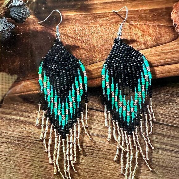 Bohemian Navajo Seed Bead Dangle Earrings with Black and Turquoise Beads, Gift- - Picture 1 of 11